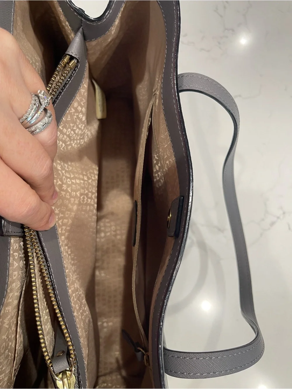kate spade Gray Structured Saffiano Tote with Gold Plaque